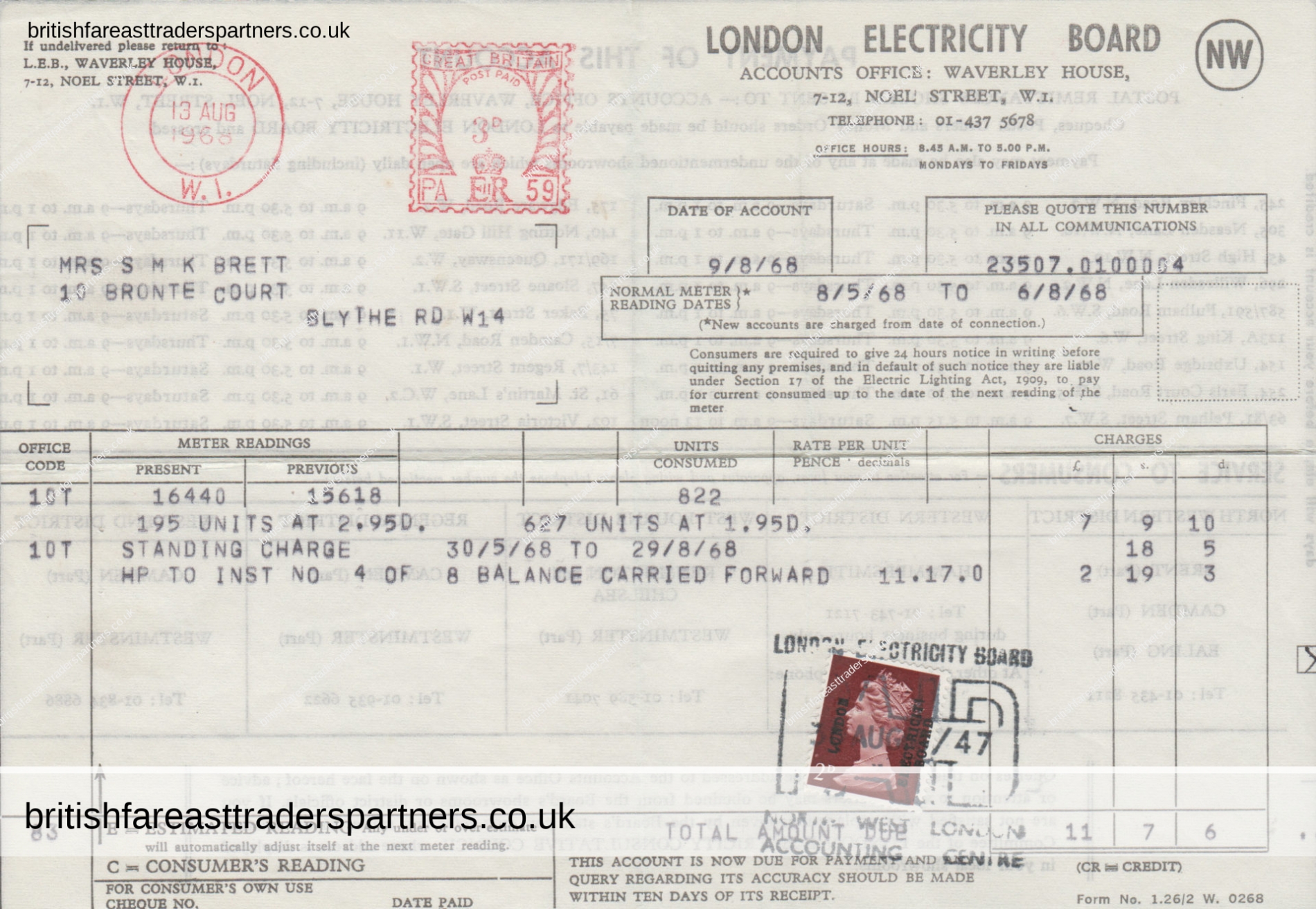 VINTAGE 1968 INVOICE / BILLHEAD “LONDON ELECTRICITY BOARD” COLLECTABLES | PAPER & EPHEMERA BUSINESS | COMPANIES |  INVESTMENTS | INDUSTRIES | HERITAGE | HISTORY