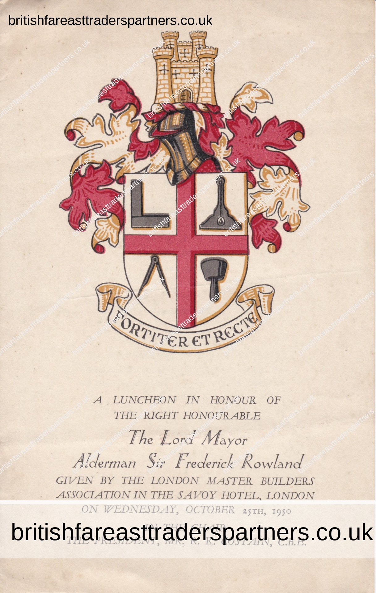 VINTAGE 1950 PROGRAMME “A LUNCHEON IN HONOUR OF THE RIGHT HONOURABLE THE LORD MAYOR ALDERMAN SIR FREDERICK ROWLAND” LONDON MASTER BUILDERS ASSOCIATION SAVOY HOTEL LONDON COLLECTABLES | PROGRAMMES | LONDON |  BRITISH | SOCIETY |  CULTURE | HERITAGE | LIFESTYLE