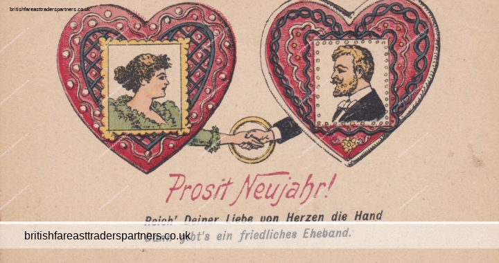 ANTIQUE “Reich Deiner Liebe von Herzen” HEARTS Prosit Neujahr GERMANY POSTCARD