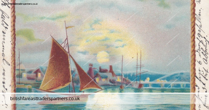 ANTIQUE “SAILBOATS & HOUSES UNDER THE MOONLIGHT” SEASCAPES GERMANY POSTCARD
