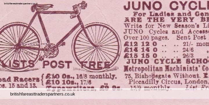 ANTIQUE 1899 “JUNO CYCLES” LONDON Print Ad