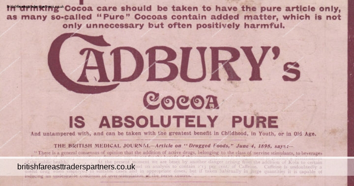 ANTIQUE 1899 “CADBURY’S COCOA” VICTORIAN LONDON ENGLAND Print Ad
