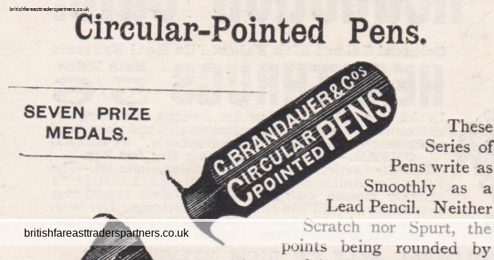ANTIQUE 1900 “C. BRANDAUER & CO.’s CIRCULAR POINTED PENS” U.K Print Ad