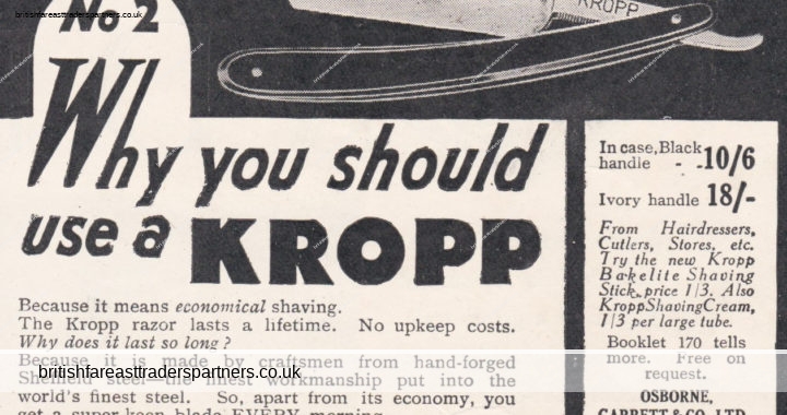 VINTAGE 1936 “KROPP ALL BRITISH RAZOR” LONDON, ENGLAND U.K Print Ad