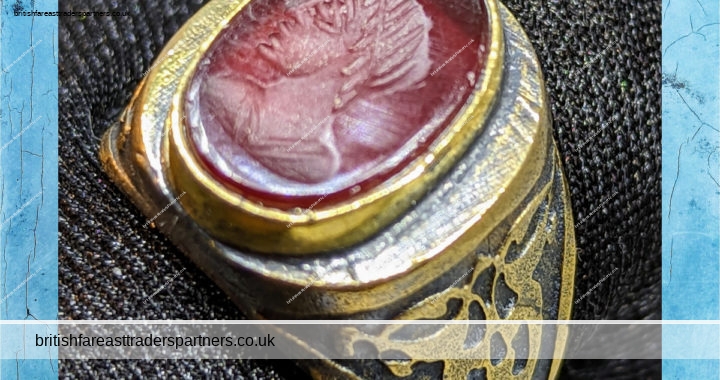 ANCIENT COLLECTABLE ROMAN RULER SEAL ON SOFT RED GEMSTONE INTAGLIO GILT RING