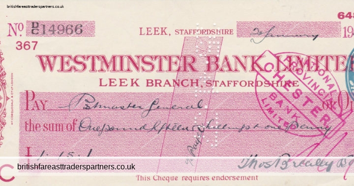 VINTAGE 1937 WESTMINSTER BANK LIMITED LEEK STAFFORDSHIRE CHEQUE