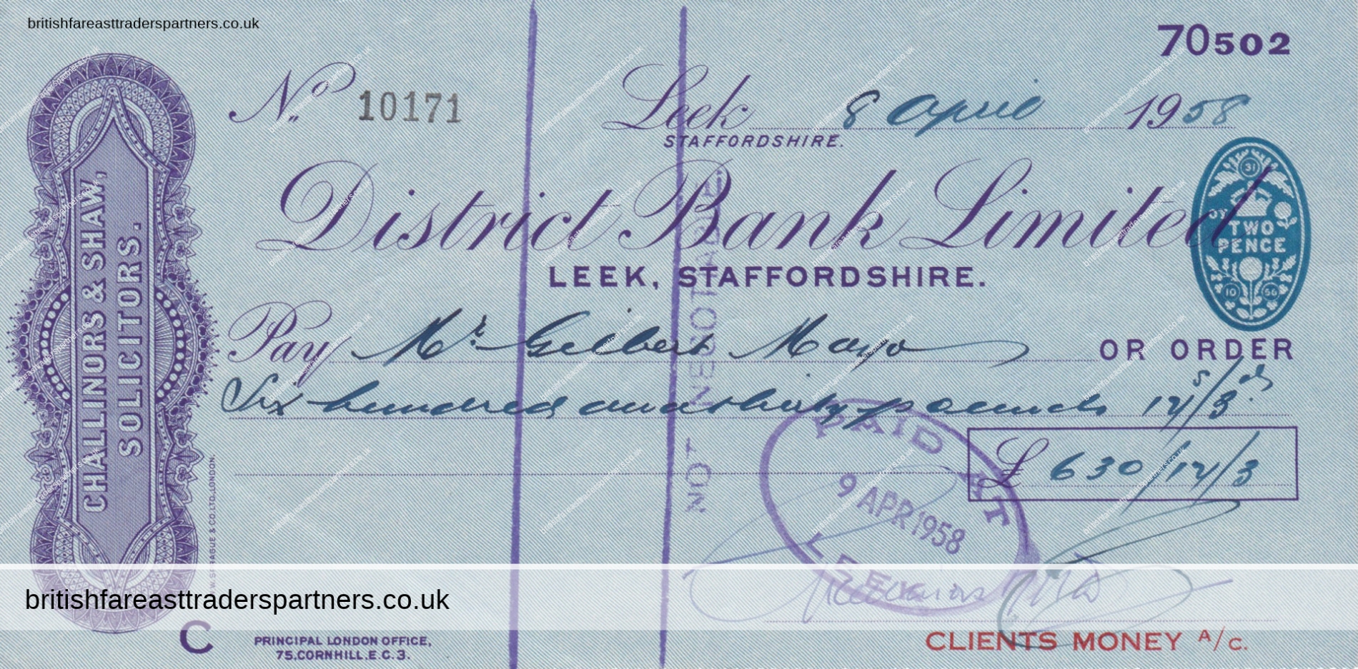 VINTAGE 1958 CHEQUE DISTRICT BANK LIMITED LEEK STAFFORDSHIRE ENGLAND VINTAGE & ANTIQUES | COLLECTABLES |  PAPER & EPHEMERA | BUSINESS | COMPANIES | BANKS | INVESTMENTS | INDUSTRIES | HERITAGE | HISTORY