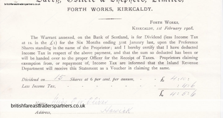 ANTIQUE 1908 STATEMENT ‘BARRY, OSTLERE & SHEPHERD LTD.’ KIRKCALDY (SCOTLAND)