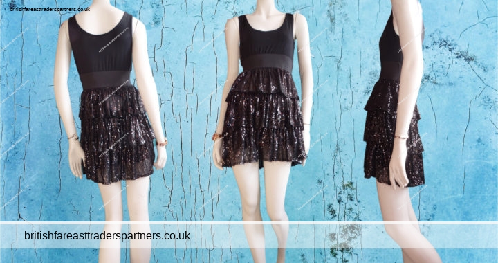 BLACK ‘VANITY’ SEQUINS EVENING PARTY COCKTAIL DATE NIGHT TIERED SKIRT DRESS UK 6