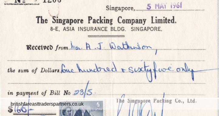 VINTAGE 1961 “SINGAPORE PACKING CO. LTD.” BRITISH SINGAPORE RECEIPT