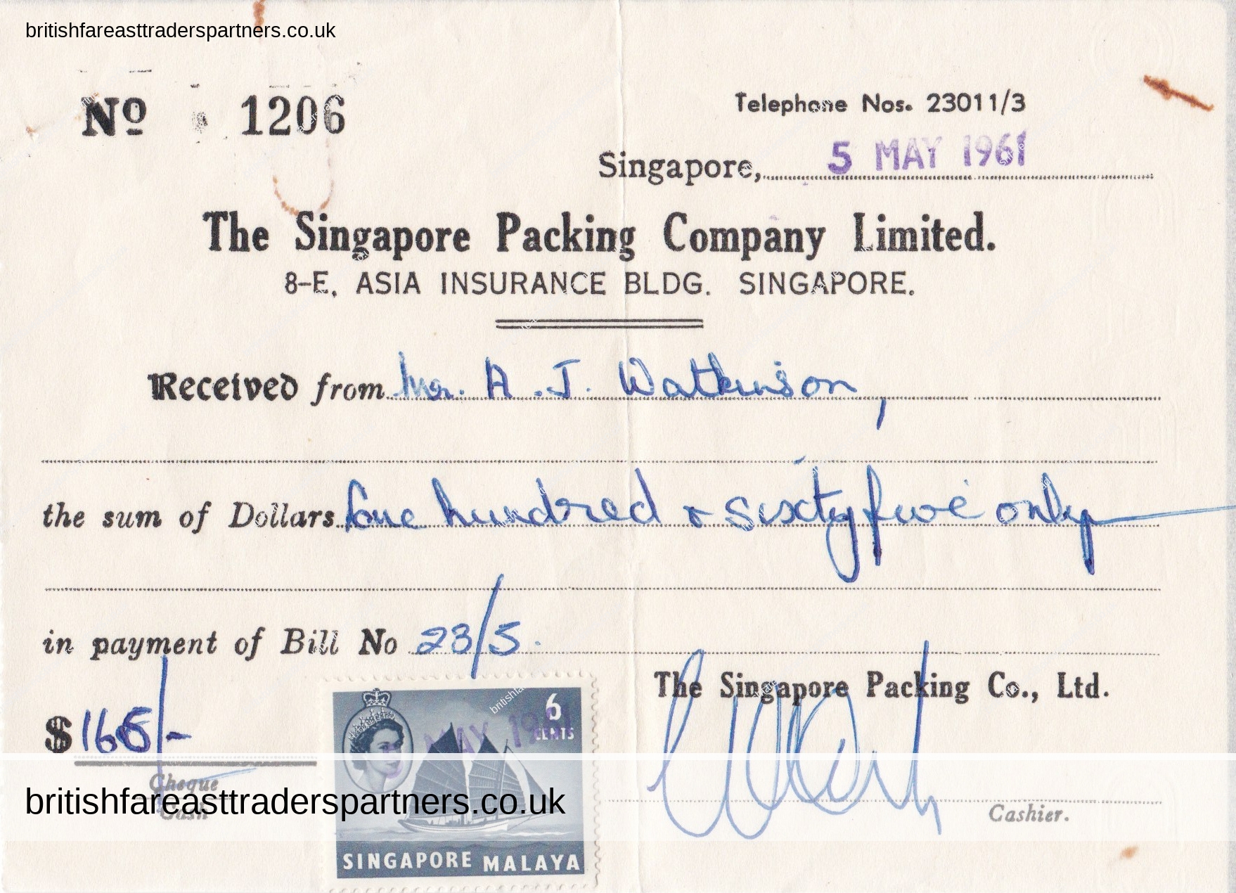 “SINGAPORE PACKING CO. LTD.” VINTAGE 1961 RECEIPT COLLECTABLES | PAPER & EPHEMERA BUSINESS | COMPANIES | INDUSTRIES | SINGAPORE | BRITISH SINGAPORE | ASIA HERITAGE | HISTORY