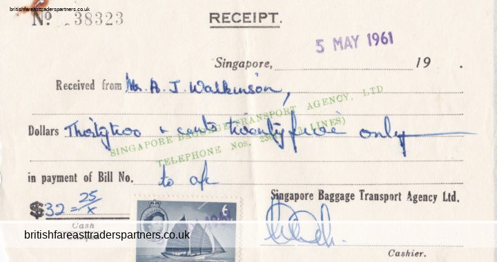 VINTAGE 1961 “SINGAPORE BAGGAGE TRANSPORT AGENCY LTD.” BRITISH SINGAPORE RECEIPT