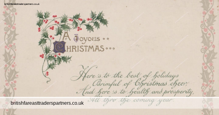 ANTIQUE ‘A JOYOUS CHRISTMAS’ Embossed & Border Holly CHRISTMAS POSTCARD