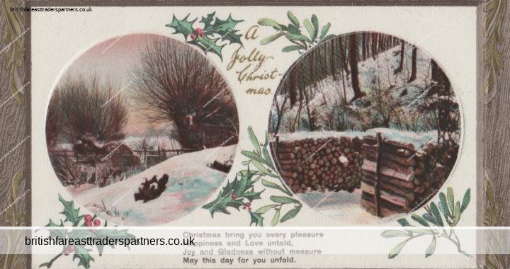VINTAGE  ‘A JOLLY CHRISTMAS’ Winter Landscape Holly Mistletoe CHRISTMAS POSTCARD