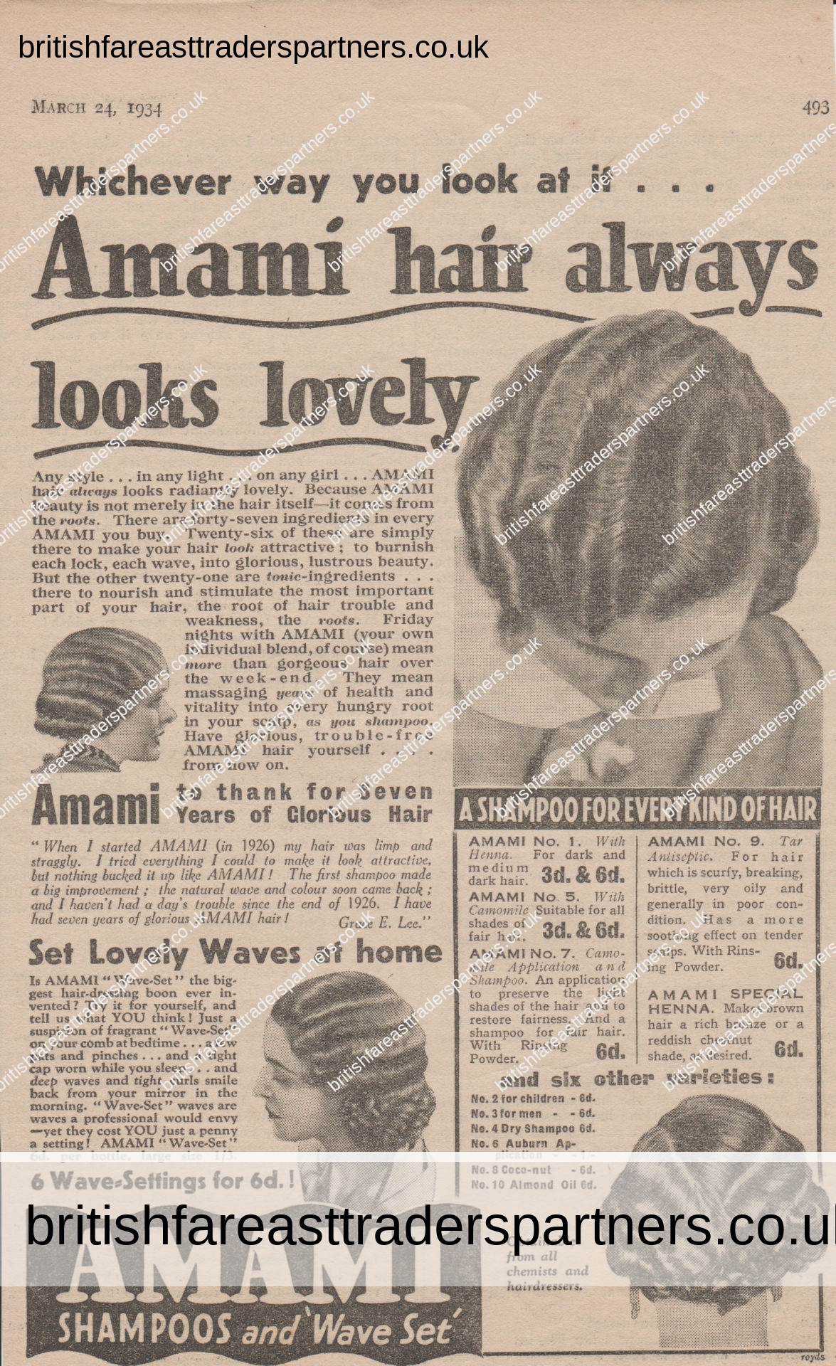 VINTAGE 1934 AMAMI SHAMPOOS & WAVE SET WOMAN’S WEEKLY MAGAZINE PRINT ADVERTISING  | SHAMPOOS | WAVE SET | HAIR CARE | LADIES’ / WOMEN’S |  FASHION | BEAUTY | VANITY & GROOMING | HERITAGE | LIFESTYLE & CULTURE | PRINTS & EPHEMERA