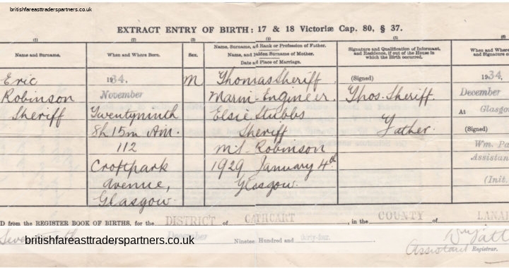 ANTIQUE 1934 EXTRACT ENTRY OF BIRTH ‘Eric Robinson Sheriff’ GLASGOW, SCOTLAND