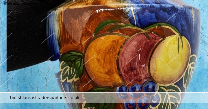 VINTAGE “OLDCOURT WARE” ENGLAND Multicolour HARVEST FRUITS Glazed & Gilt VASE