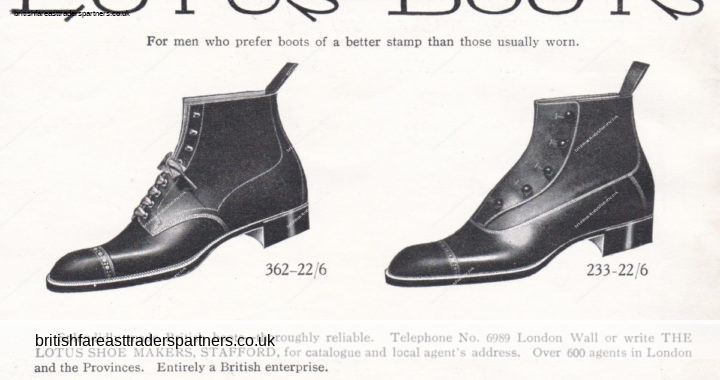 ANTIQUE 1911 LOTUS BOOTS BRITISH BOOTS for MEN PRINT AD from THE SPHERE LONDON
