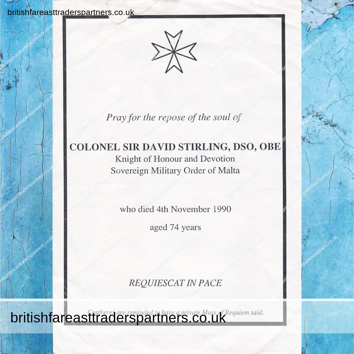 VINTAGE 1990 EPHEMERA COLONEL SIR DAVID STIRLING, DSO, OBE FOUNDER OF THE BRITISH SPECIAL AIR SERVICE (SAS) VINTAGE & ANTIQUES | COLLECTABLES |  MILITARIA | BRITISH | UNITED KNGDOM EPHEMERA | ENGLISH / ENGLAND | UNITED KINGDOM CULTURE | HISTORY | HERITAGE