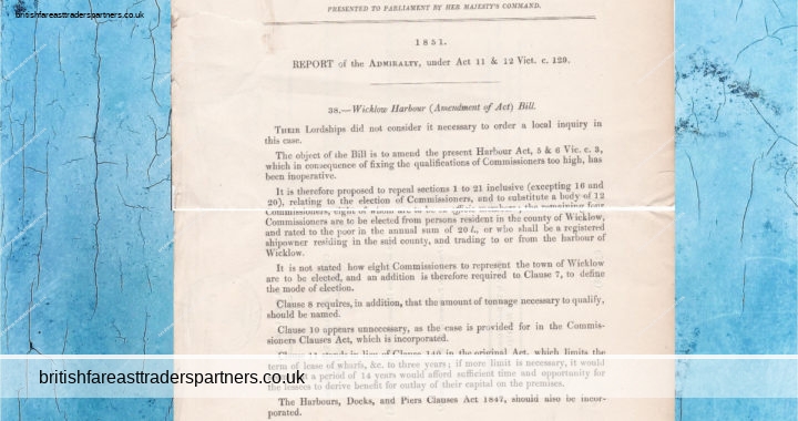 ANTIQUE 1851 LOCAL ACTS WICKLOW HARBOUR (AMENDMENT) BILL BRITISH IRISH EPHEMERA
