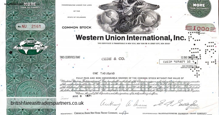 VINTAGE 1971 “WESTERN UNION INTERNATIONAL INC” STOCK SHARE CERTIFICATE