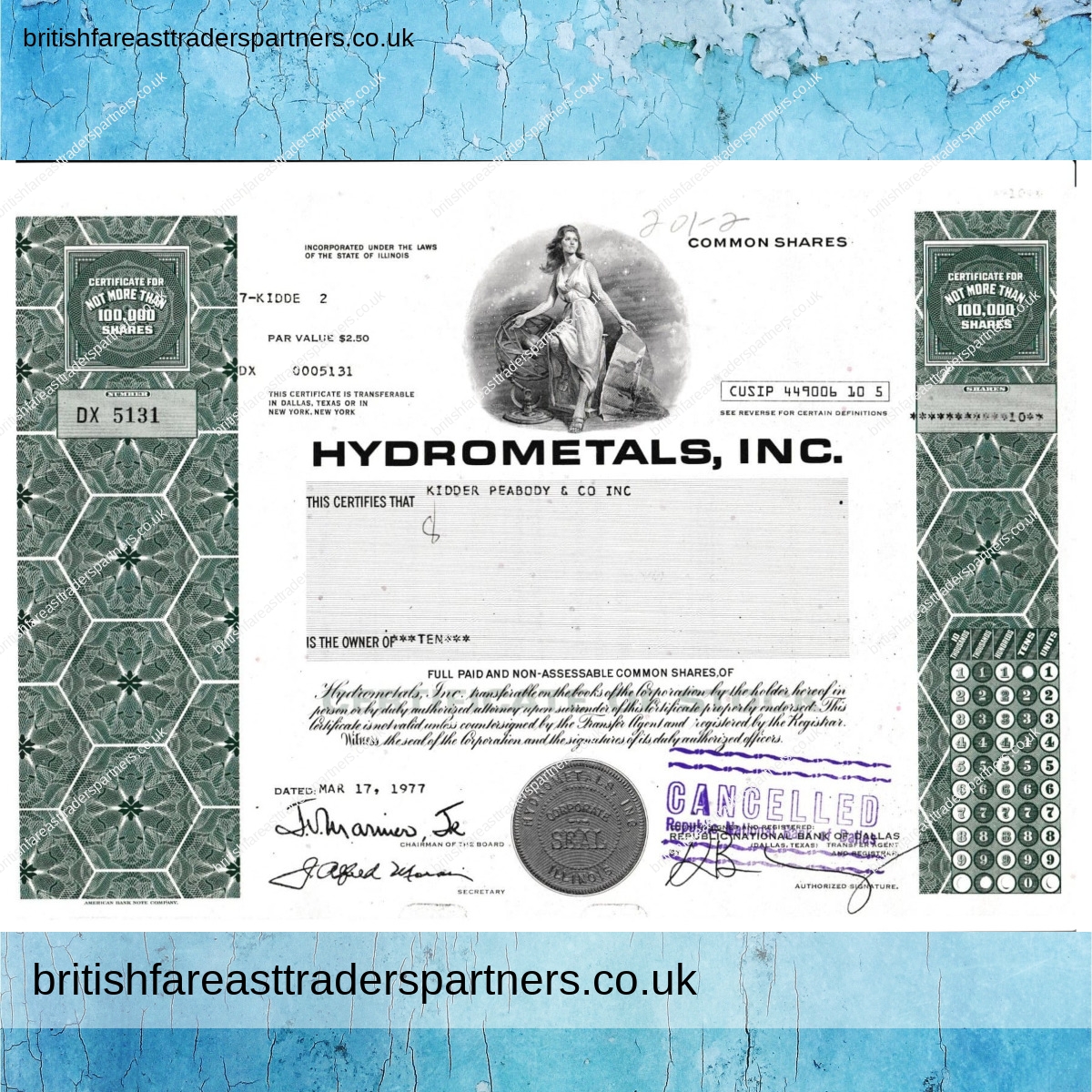 VINTAGE STOCK / SHARE CERTIFICATE “HYDROMETALS INC.” COLLECTABLE DOCUMENTS | SHARE CERTIFICATES | COMPANIES | WORLD | SCRIPOPHILY | BUSINESS | INVESTMENTS