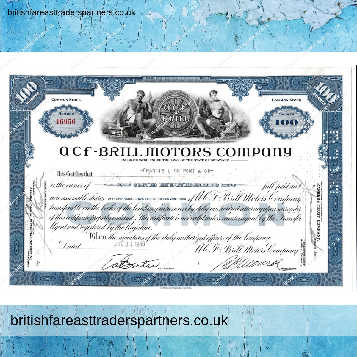 VINTAGE STOCK / SHARE CERTIFICATE “ACF-BRILL MOTORS COMPANY” COLLECTABLE DOCUMENTS | SHARE CERTIFICATES | COMPANIES | WORLD | SCRIPOPHILY | BUSINESS | INVESTMENTS