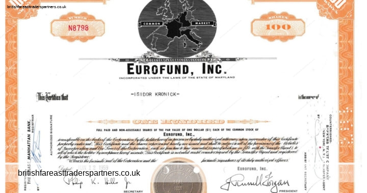 VINTAGE 1959 “EUROFUND INC.” STOCK SHARE CERTIFICATE