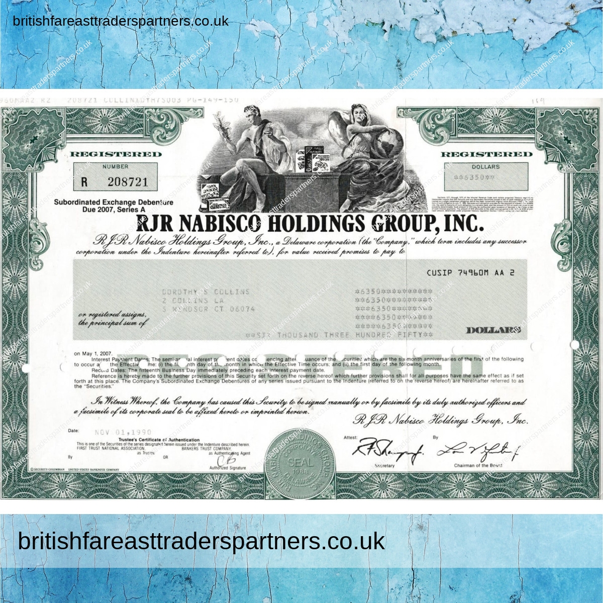 VINTAGE STOCK / SHARE CERTIFICATE REGISTERED DEBENTURE “RJR NABISCO HOLDINGS GROUP, INC.” COLLECTABLE DOCUMENTS |  SHARE CERTIFICATES | COMPANIES | WORLD | SCRIPOPHILY | BUSINESS | INVESTMENTS