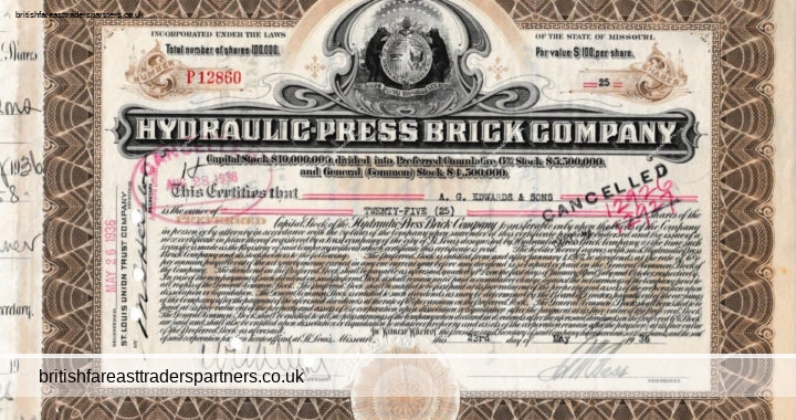 VINTAGE 1936 “HYDRAULIC-PRESS BRICK COMPANY” STOCK SHARE CERTIFICATE