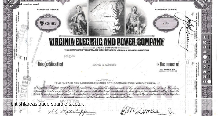 VINTAGE 1963 “VIRGINIA ELECTRIC AND POWER COMPANY” STOCK SHARE CERTIFICATE