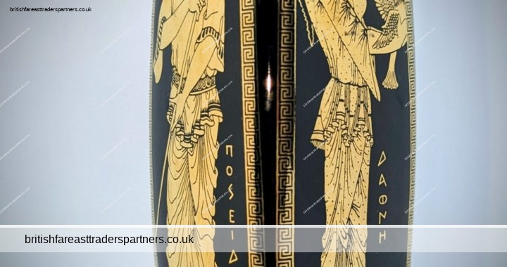 VINTAGE BLACK & 24k GOLD “Greek God & Nymph POSEIDON & DAPHNE” Handmade VASE