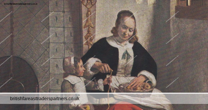 VINTAGE ‘WOMAN PEELING APPLES’ Pieter de Hooch PULMAN & SONS LONDON POSTCARD