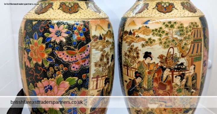 VINTAGE Pair Handpainted Mid 20th Century MING STYLE Chinese Court Life  VASES