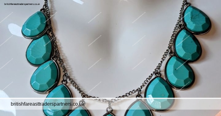 TURQUOISE / AQUAMARINE Faceted Teardrops Silver Summer BIB STATEMENT NECKLACE