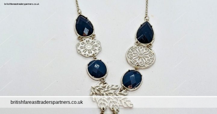 BLUE & Silvertone Faceted Beads & Filigree  STATEMENT PENDANT NECKLACE