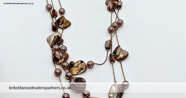 PRETTY Three Stranded Brown / Coppertone Shells & Faux Pearls LONG NECKLACE