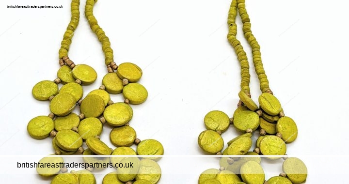 Double-Stranded Acid / Lime GREEN Wood Beads & Buttons ETHNIC BOHEMIAN Necklace