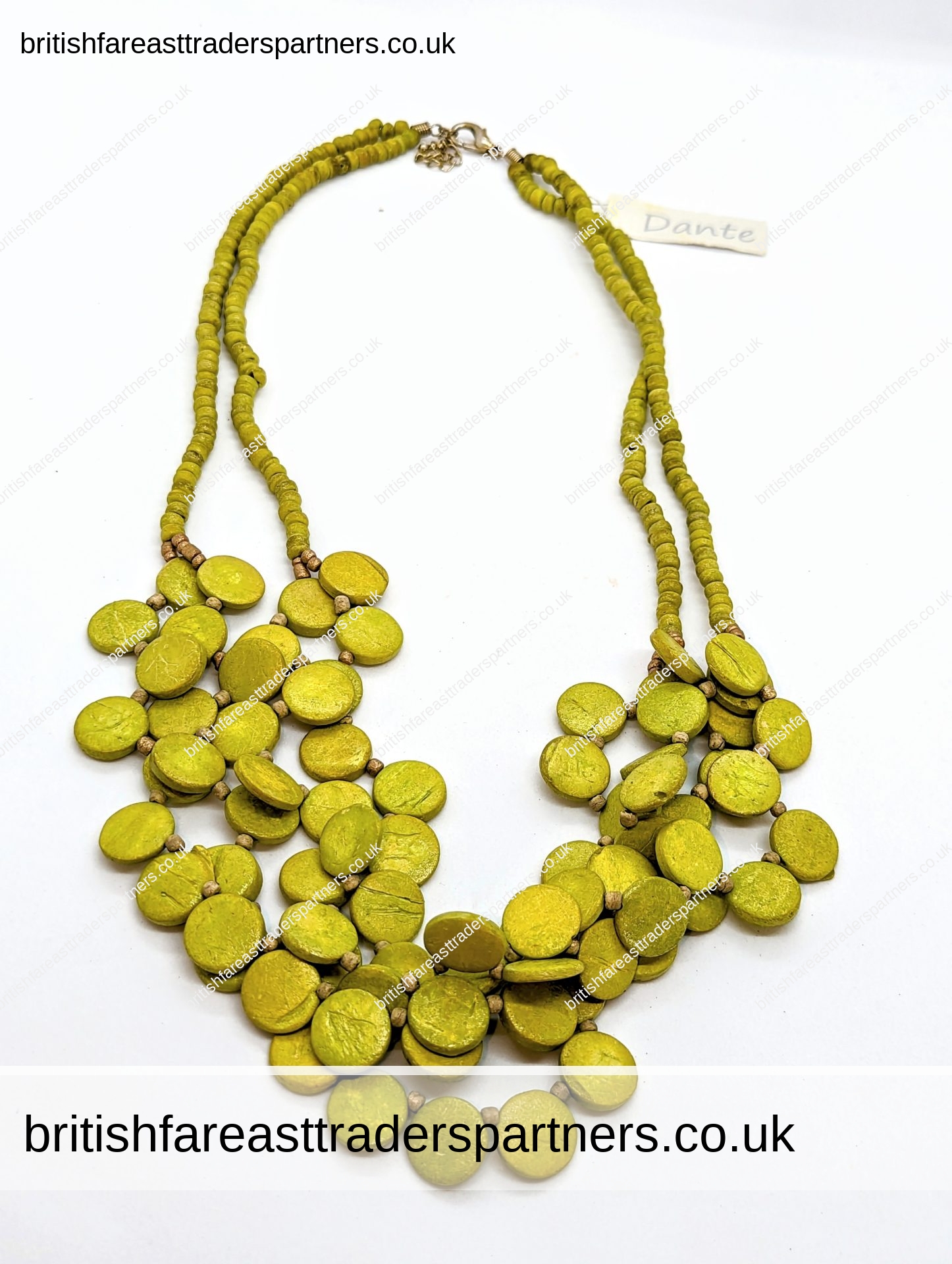 Double-Stranded Acid / Lime GREEN Wood Beads & Buttons ETHNIC BOHEMIAN Necklace