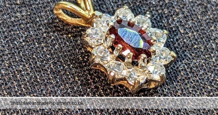 VINTAGE 9ct GOLD + CLUSTER of Pave Diamonds & RUBY Centre PENDANT