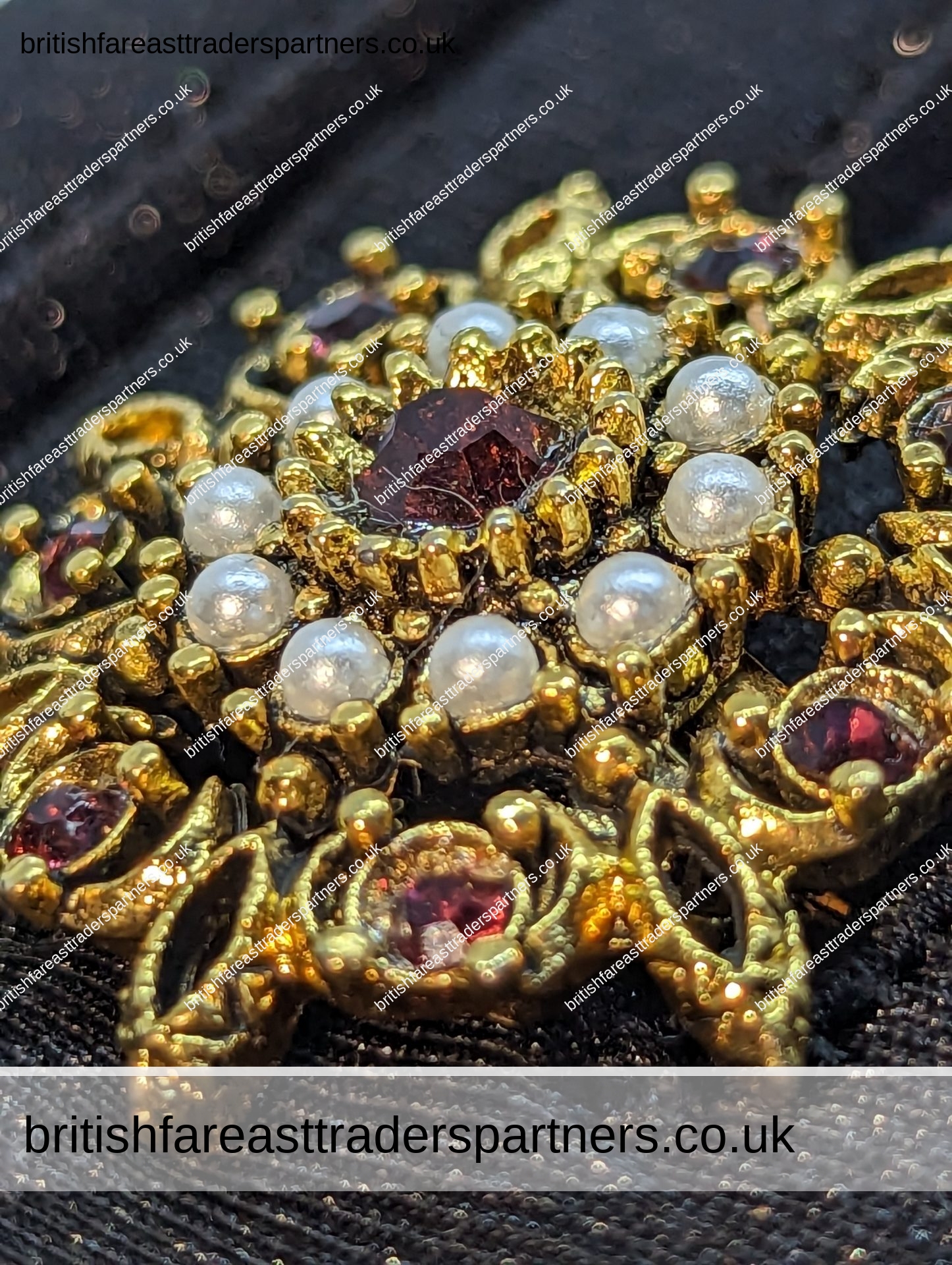 VINTAGE GEORGIAN Style GOLD FOIL + Faux Seed Perals & Glass Rubies FLORAL BROOCH