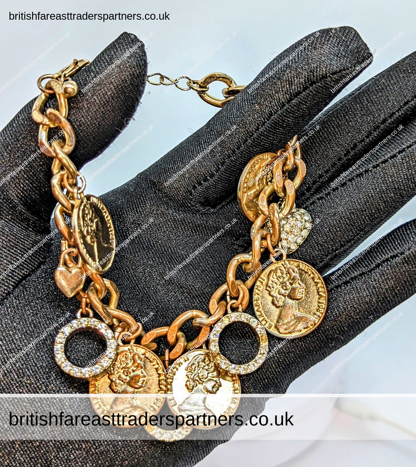 VINTAGE Gold Tone Elizabeth II Half Penny COINS, Rings, & Heart CHARM BRACELET