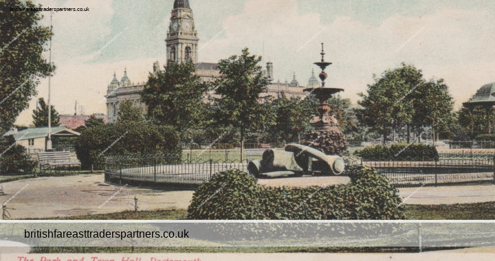 VINTAGE “The Park and Town Hall, Portsmouth” HAMPSHIRE, ENGLAND, U.K. POSTCARD