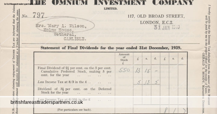 VINTAGE 1940 “THE OMNIUM INVESTMENT COMPANY LTD.” LONDON Statement of Dividends