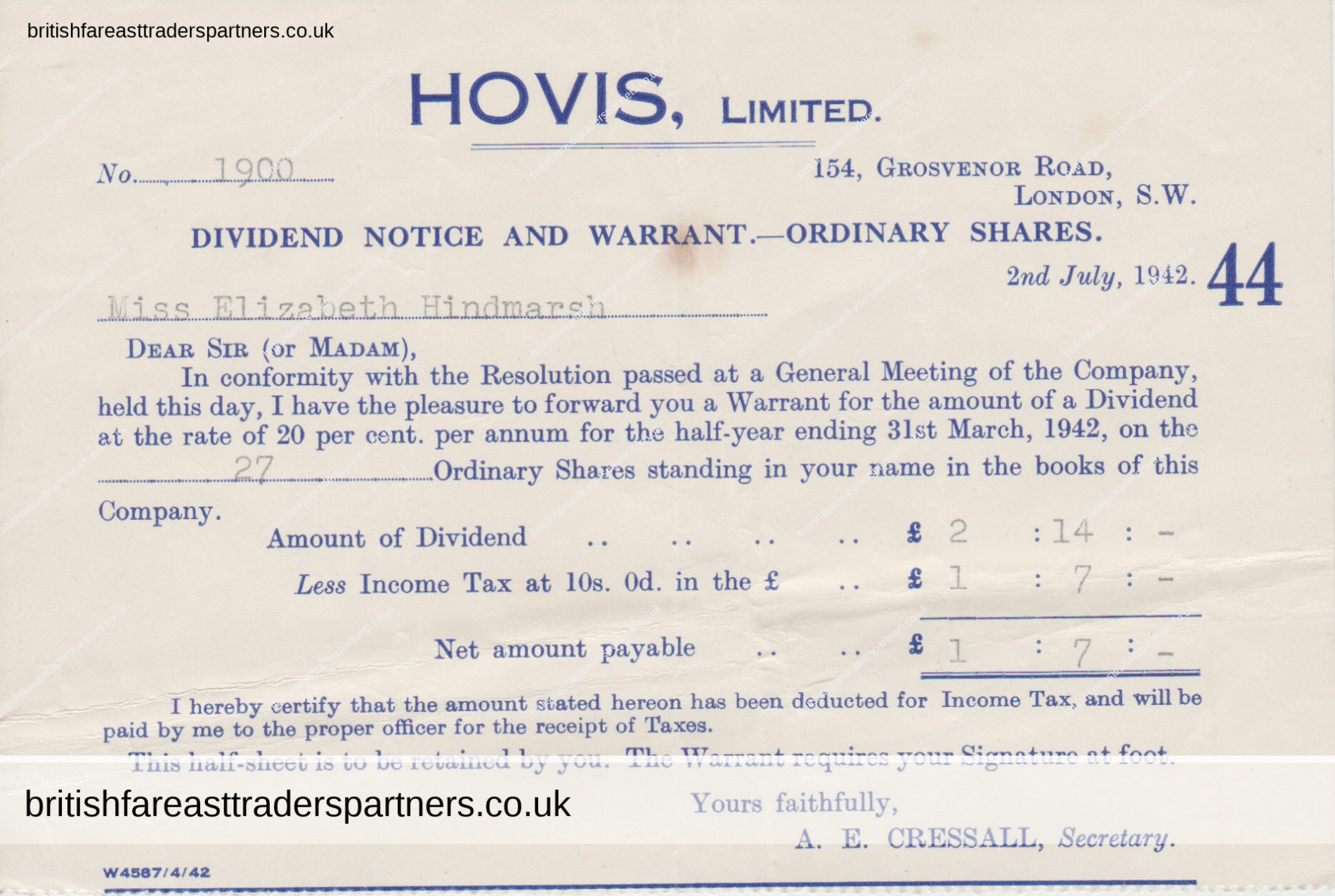 VINTAGE 1942 “HOVIS LIMITED” LONDON Dividend Notice and WARRANT DOCUMENT
