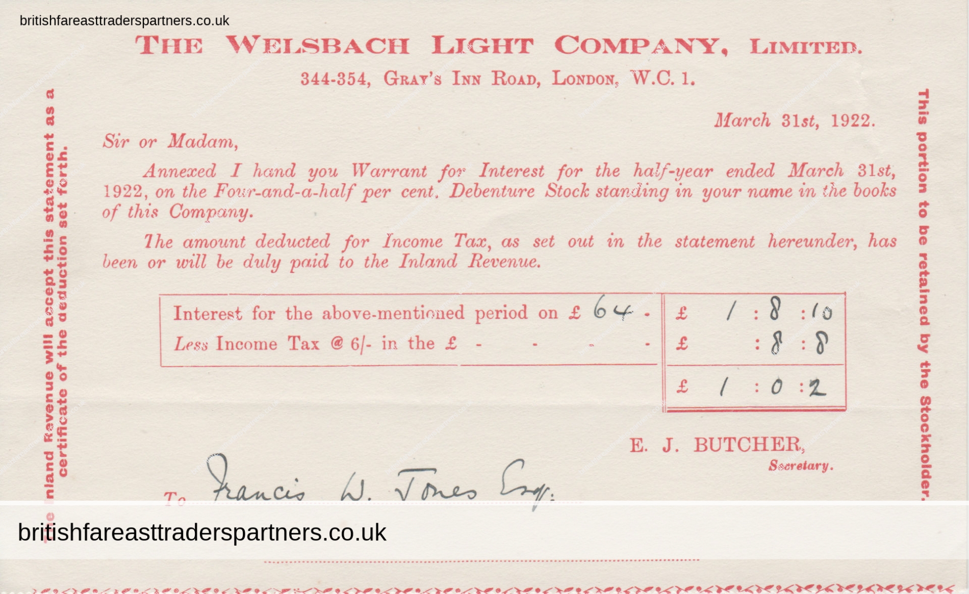 VINTAGE 1922 “THE WELSBACH LIGHT COMPANY LIMITED” LONDON WARRANT for INTEREST