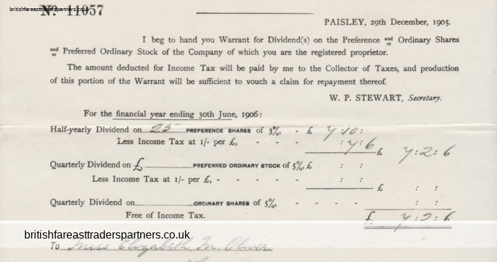 ANTIQUE 1905 “J. & P. COATS LIMITED” PAISLEY ( SCOTLAND ) Warrant for Dividend