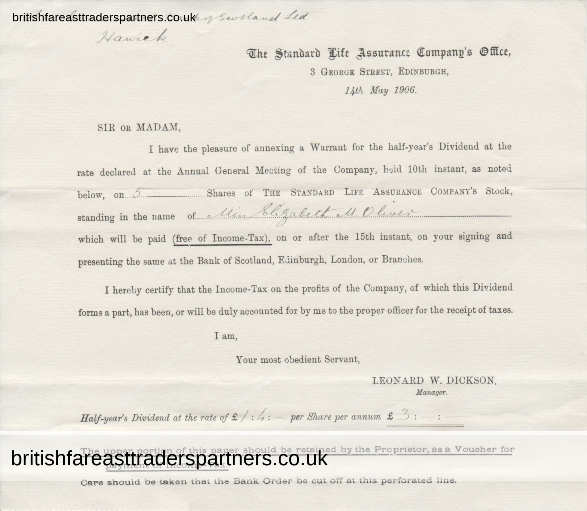 ANTIQUE 1906 “The Standard Life Assurance Company” Dividend WARRANT