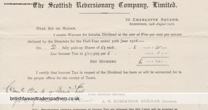 ANTIQUE 1916 “The Scottish Reversionary Company, Limited” Dividend WARRANT