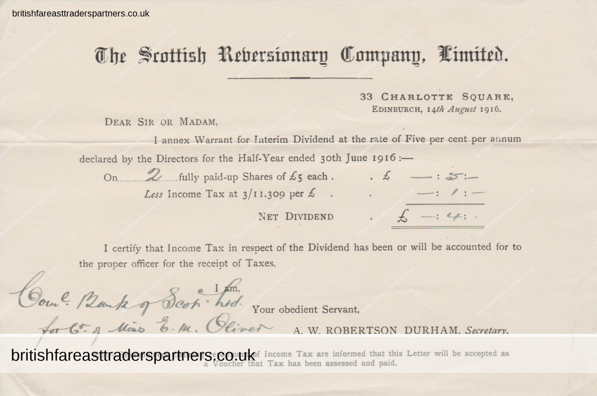 ANTIQUE 1916 “The Scottish Reversionary Company, Limited” Dividend WARRANT
